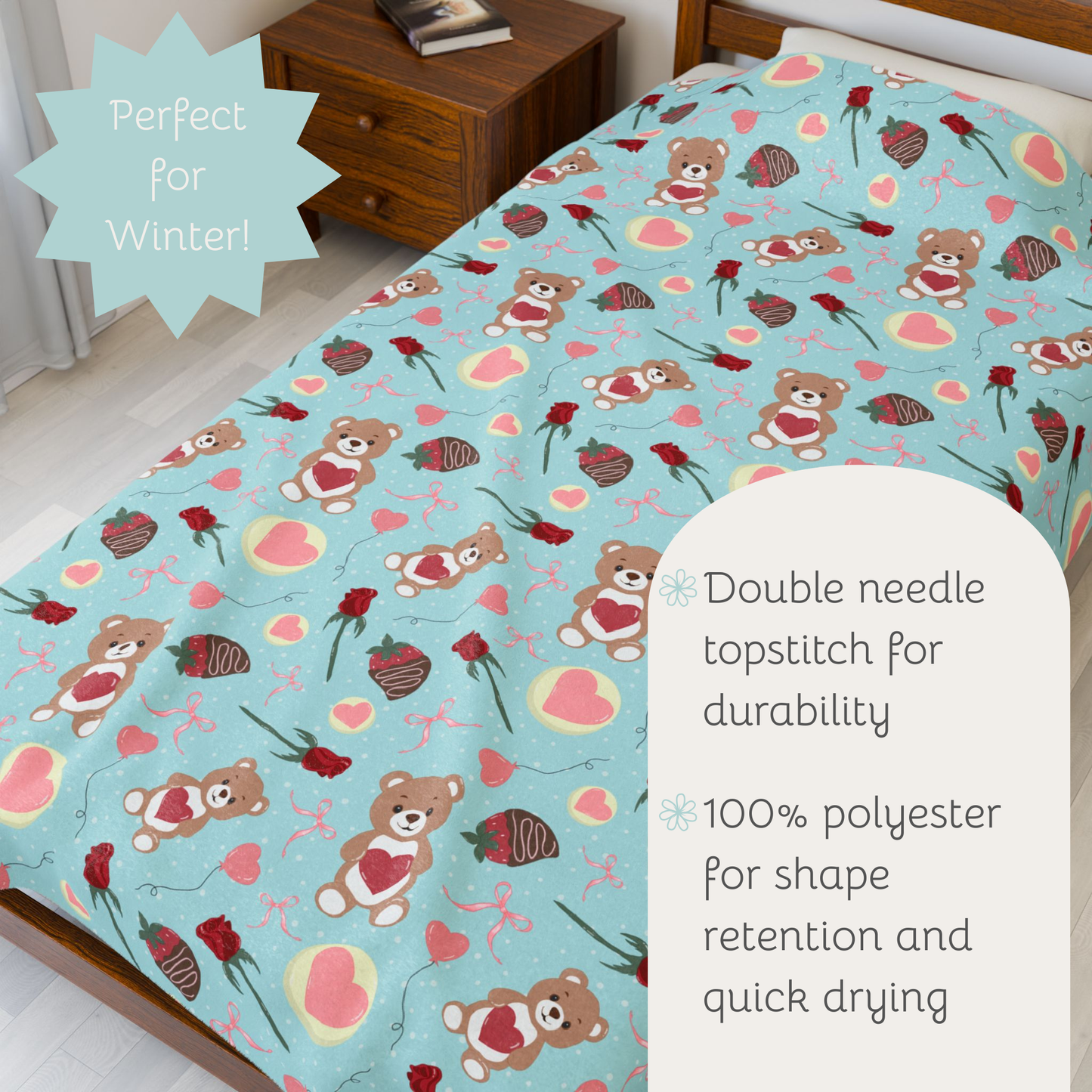Teddy Bear Valentines Plush Blanket blue background, Love Heart Roses Chocolate Strawberries, Holiday Decor Throw, Cute Bedroom Decor