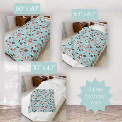 Teddy Bear Valentines Plush Blanket blue background, Love Heart Roses Chocolate Strawberries, Holiday Decor Throw, Cute Bedroom Decor