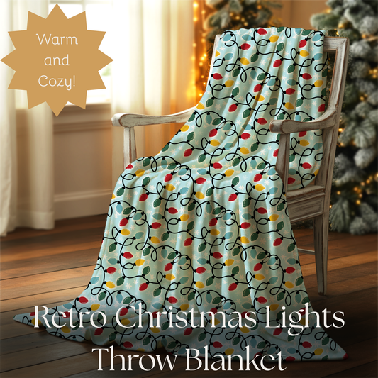 Retro Christmas Lights Plush Blanket, Holiday Decor Throw, Nostalgic Winter Blanket, Snowflake Bedding