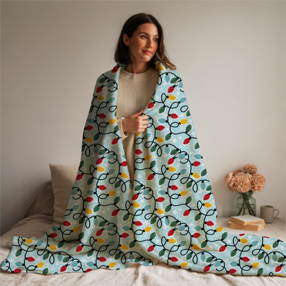 Retro Christmas Lights Plush Blanket, Holiday Decor Throw, Nostalgic Winter Blanket, Snowflake Bedding