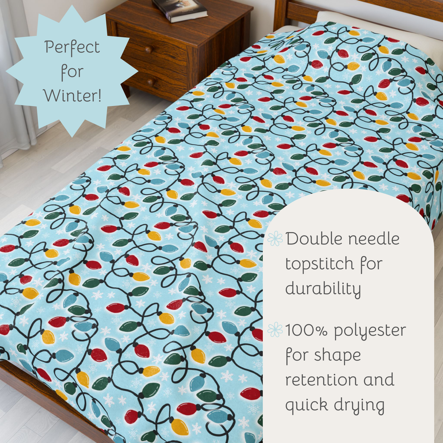 Retro Christmas Lights Plush Blanket, Holiday Decor Throw, Nostalgic Winter Blanket, Snowflake Bedding