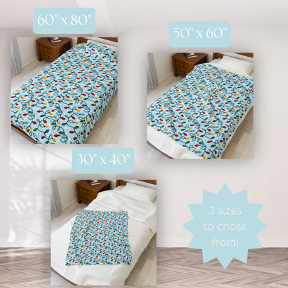 Retro Christmas Lights Plush Blanket, Holiday Decor Throw, Nostalgic Winter Blanket, Snowflake Bedding