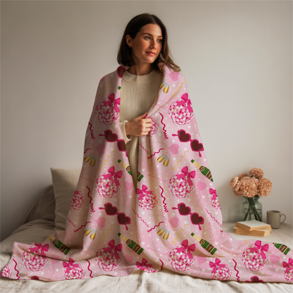 Disco Valentine Pink Velveteen Plush Blanket, Fun Cute Super Soft Blanket, Valentine party