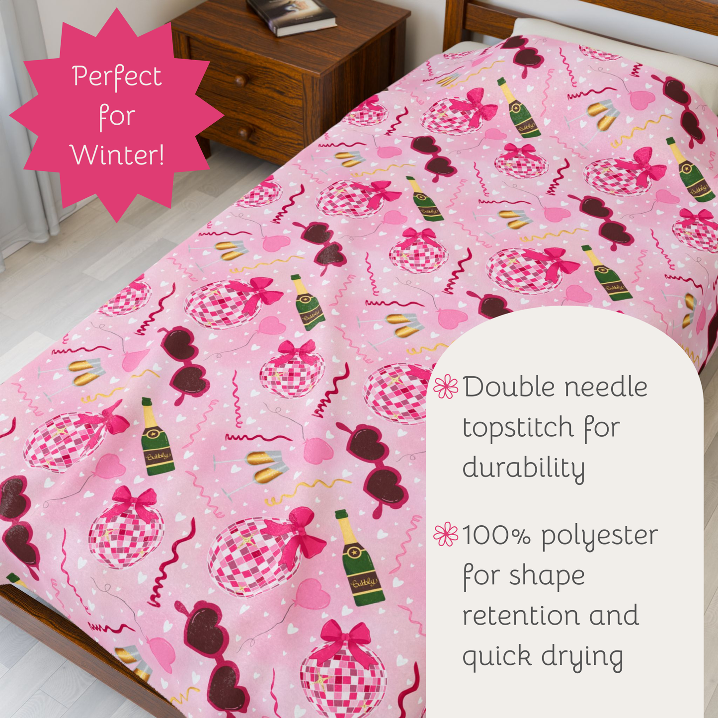 Disco Valentine Pink Velveteen Plush Blanket, Fun Cute Super Soft Blanket, Valentine party