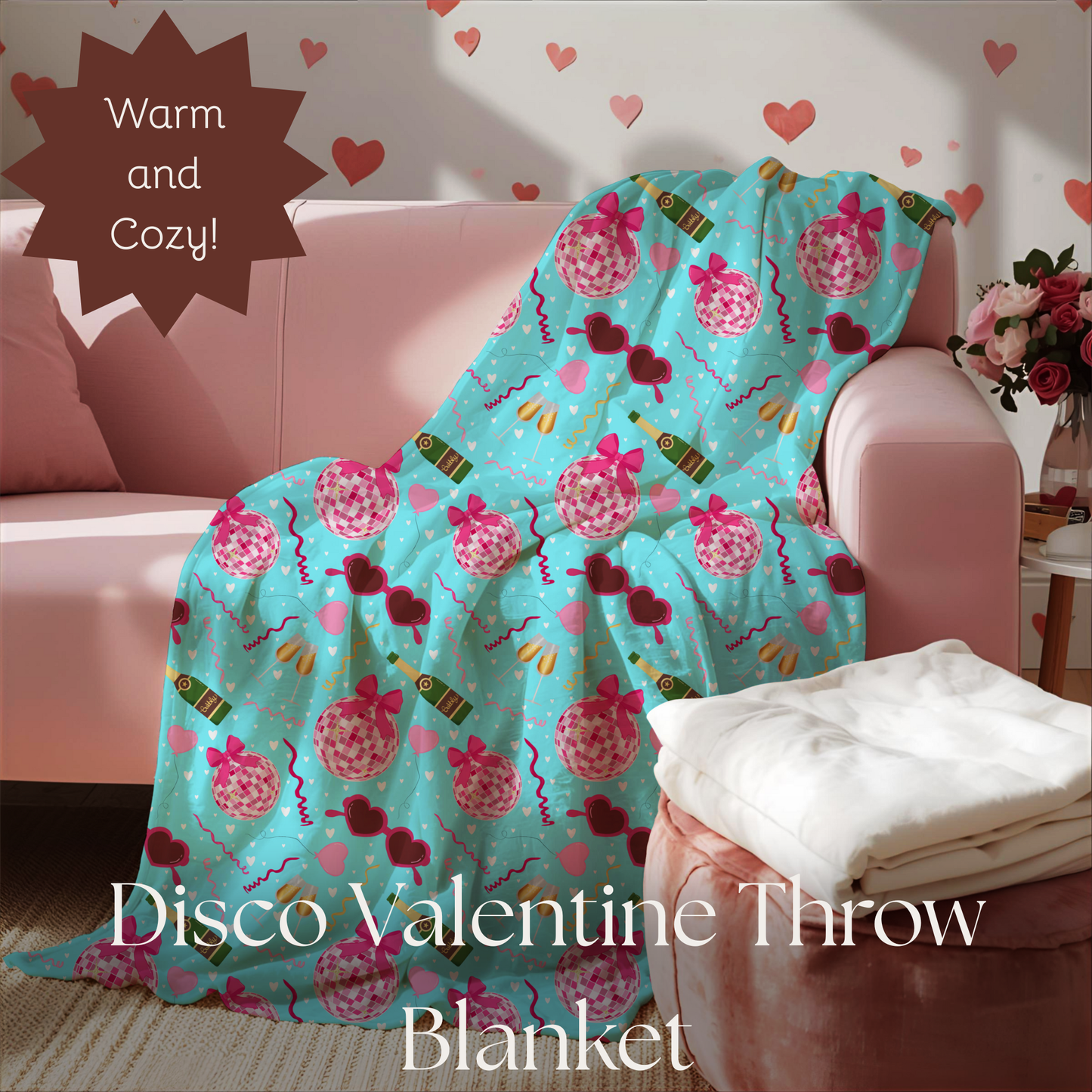 Disco Valentine Blue Velveteen Plush Blanket, Fun Cute Super Soft Blanket, Valentine party