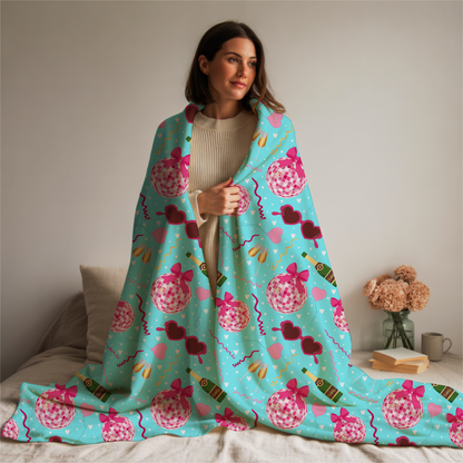 Disco Valentine Blue Velveteen Plush Blanket, Fun Cute Super Soft Blanket, Valentine party