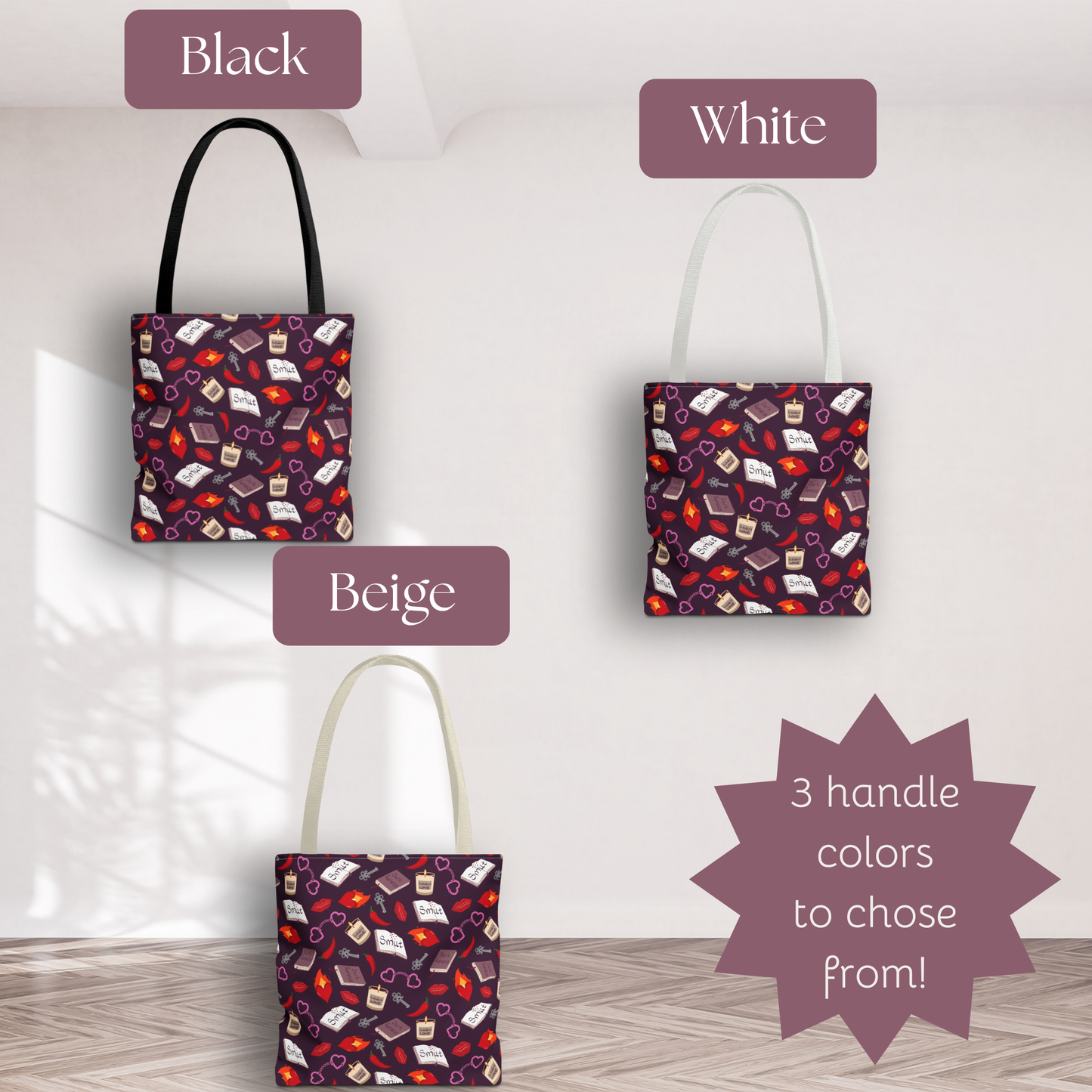 My Smutty Valentine Tote Bag, Dark Romance Book Lover Gift, Forbidden Love Handbag, Heart Handcuff Purse, Spicy Lips Plum Shoulder Bag