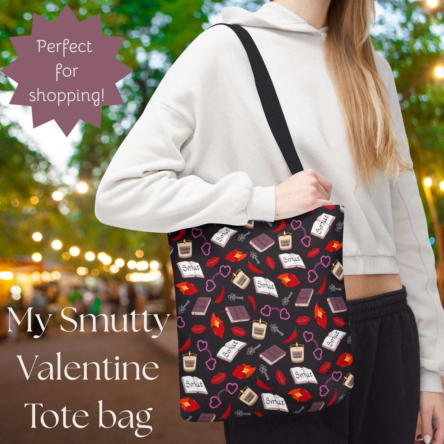 My Smutty Valentine Tote Bag, Dark Romance Book Lover Gift, Forbidden Love Handbag, Heart Handcuff Purse, Spicy Lips black Shoulder Bag