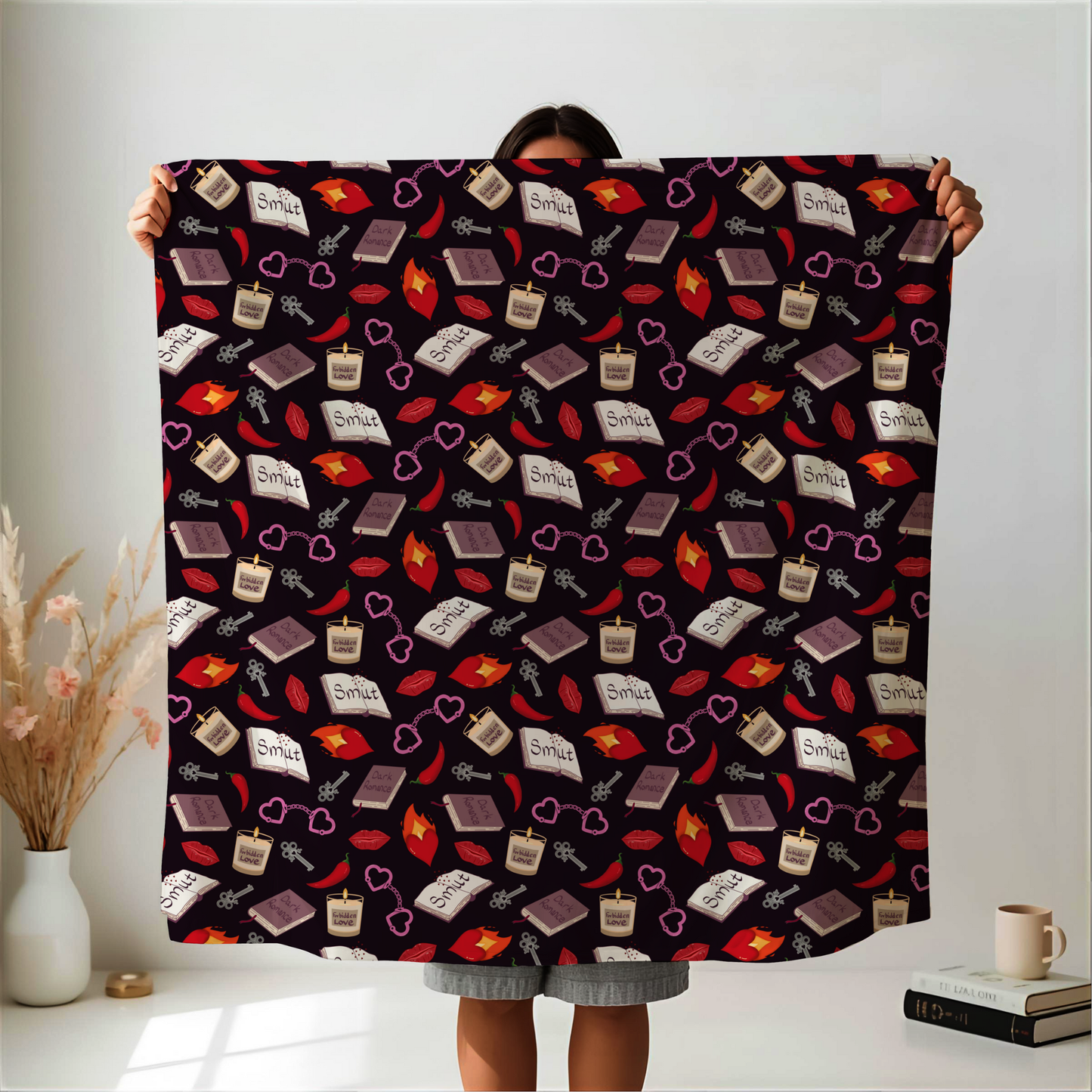 My Smutty Valentine Plush Blanket, Dark Romance Throw, Dark Love Decor, Heart Handcuffs, Flaming Hearts, Red Lips, Hot Peppers