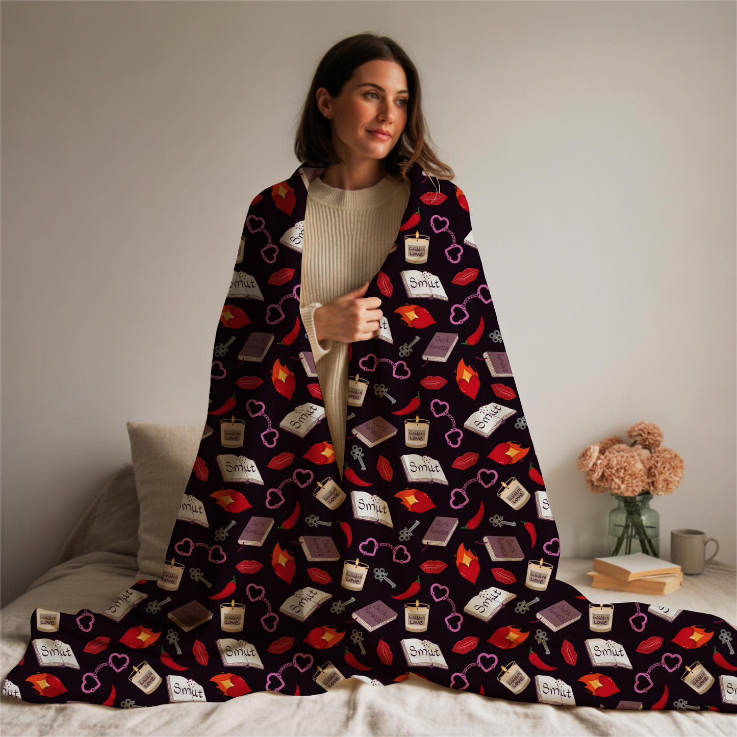 My Smutty Valentine Plush Blanket, Dark Romance Throw, Dark Love Decor, Heart Handcuffs, Flaming Hearts, Red Lips, Hot Peppers
