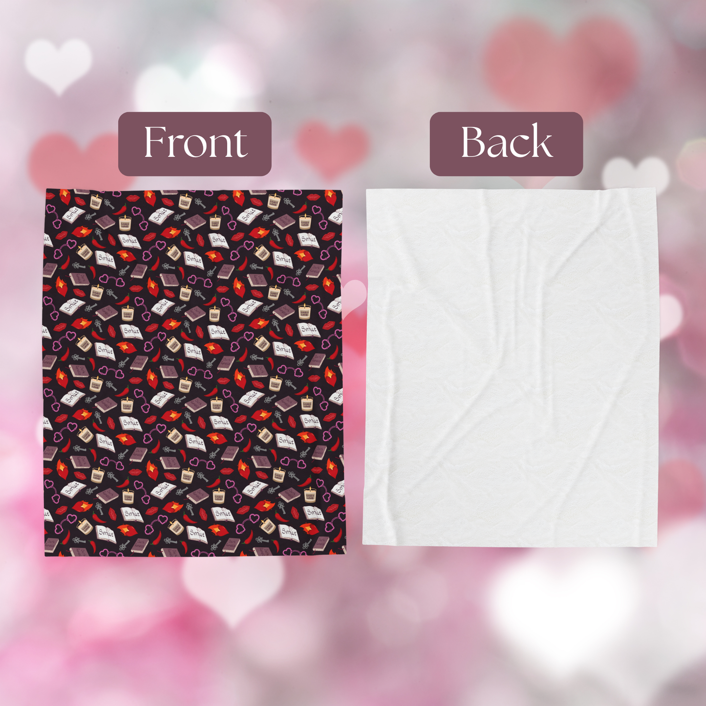 My Smutty Valentine Plush Blanket, Dark Romance Throw, Dark Love Decor, Heart Handcuffs, Flaming Hearts, Red Lips, Hot Peppers