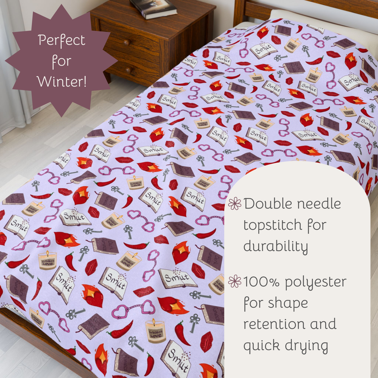 My Smutty Valentine Plush Blanket, Dark Romance Throw, Dark Love Decor, Heart Handcuffs, Flaming Hearts, Red Lips, Hot Peppers