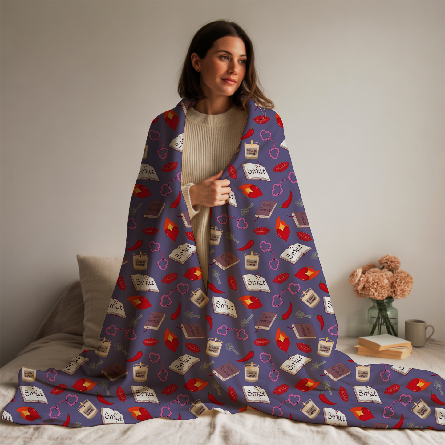 My Smutty Valentine Plush Blanket, Dark Romance Throw, Dark Love Decor, Heart Handcuffs, Flaming Hearts, Red Lips, Hot Peppers