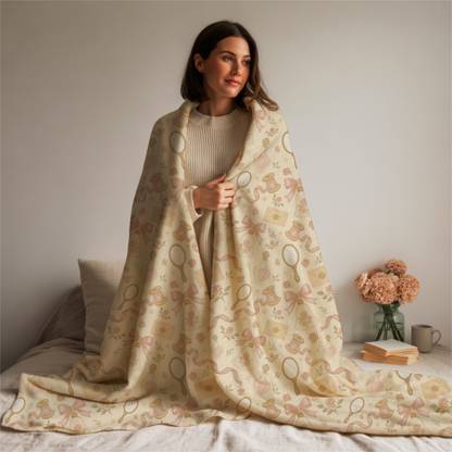 Winter Pink Coquette Velveteen Plush Blanket, Soft Girly Vintage Pattern