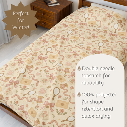 Winter Pink Coquette Velveteen Plush Blanket, Soft Girly Vintage Pattern