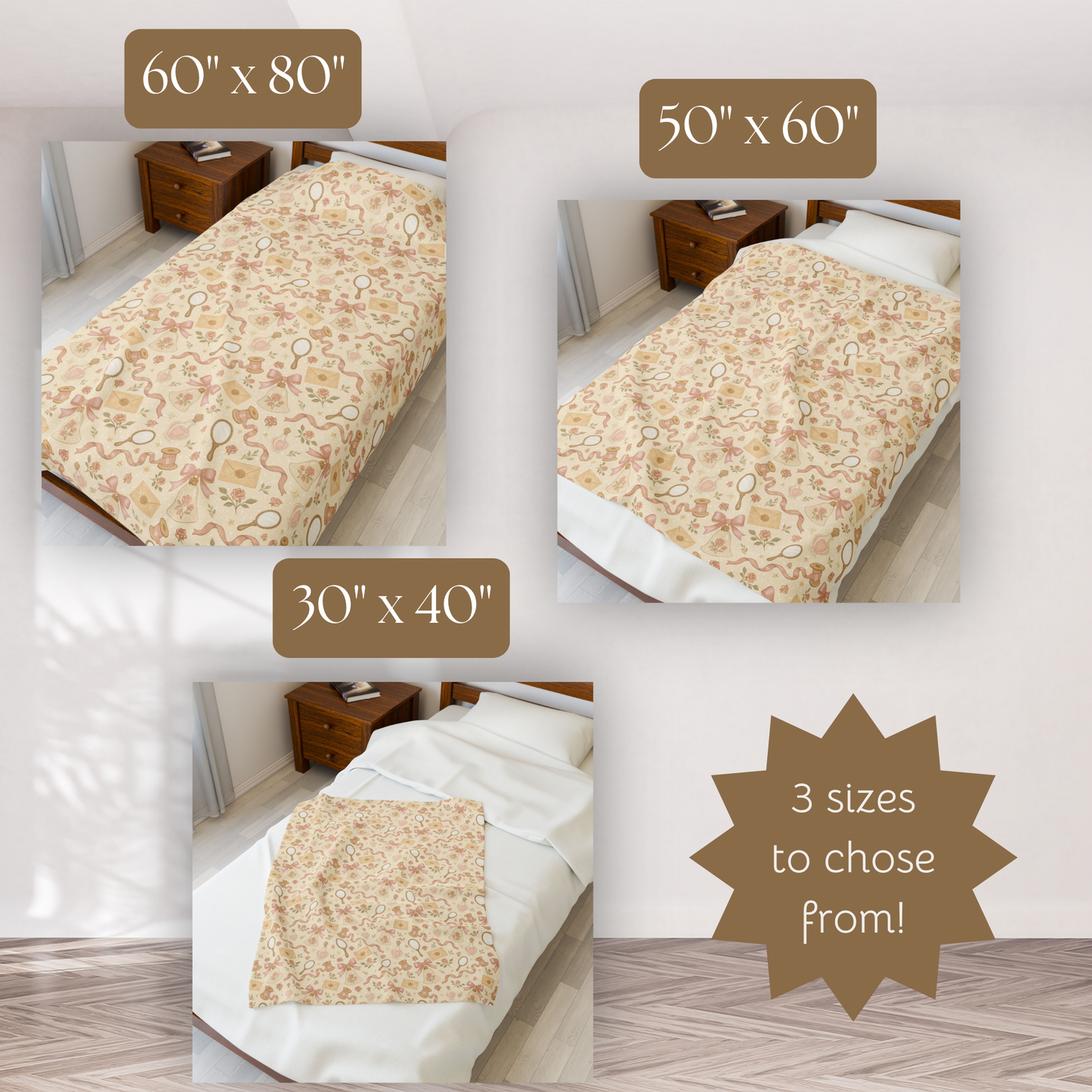 Winter Pink Coquette Velveteen Plush Blanket, Soft Girly Vintage Pattern