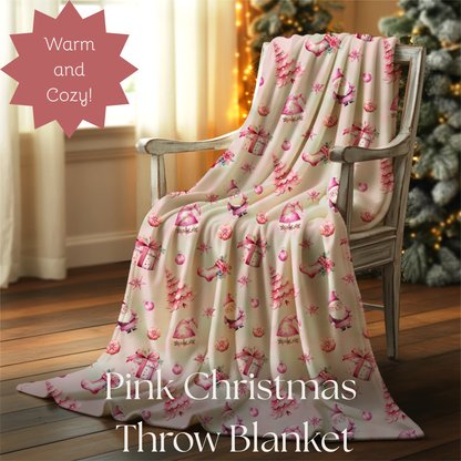Pink Christmas Velveteen Plush Blanket, Festive Warm and Cozy Throw