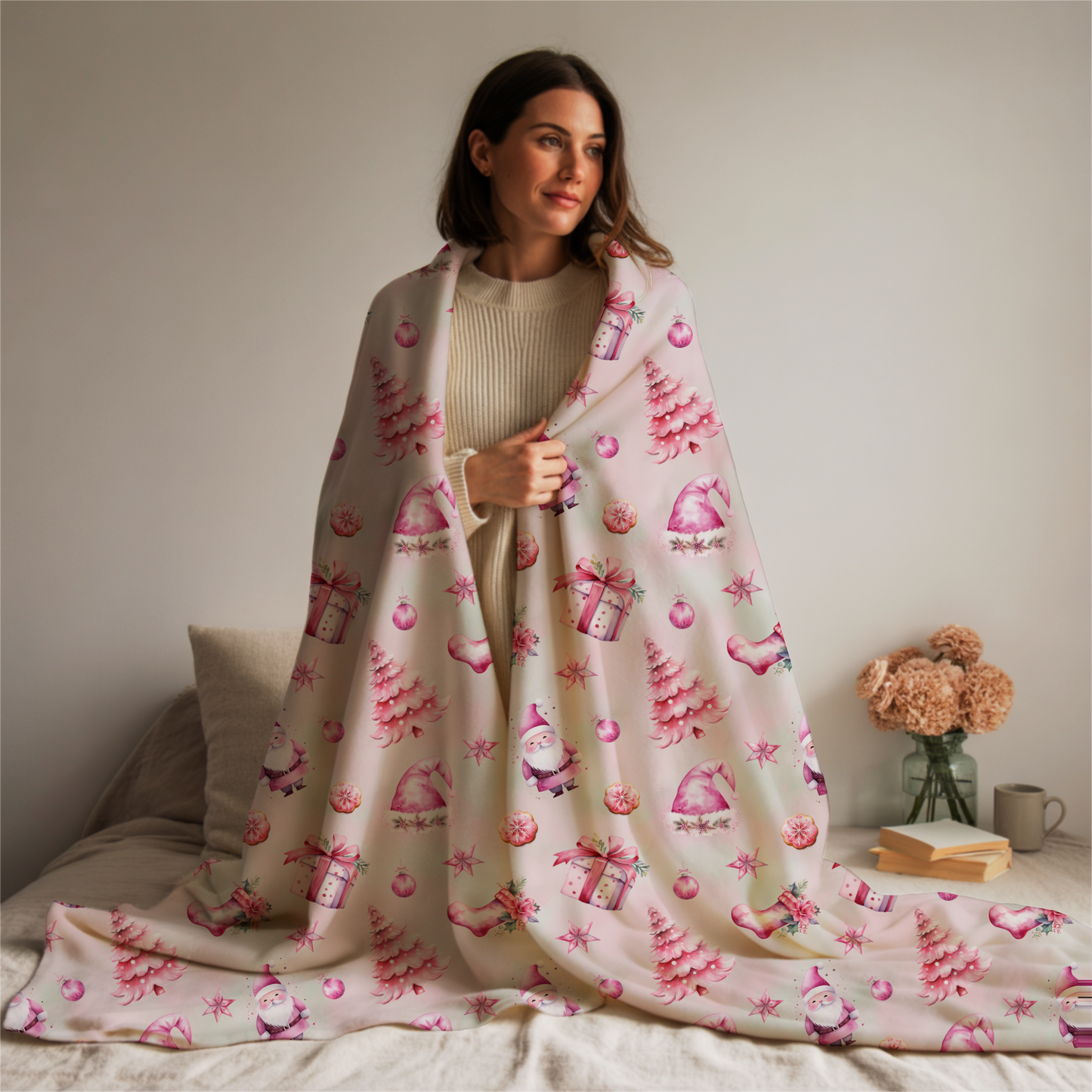 Pink Christmas Velveteen Plush Blanket, Festive Warm and Cozy Throw