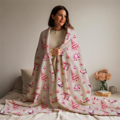 Pink Christmas Velveteen Plush Blanket, Festive Warm and Cozy Throw