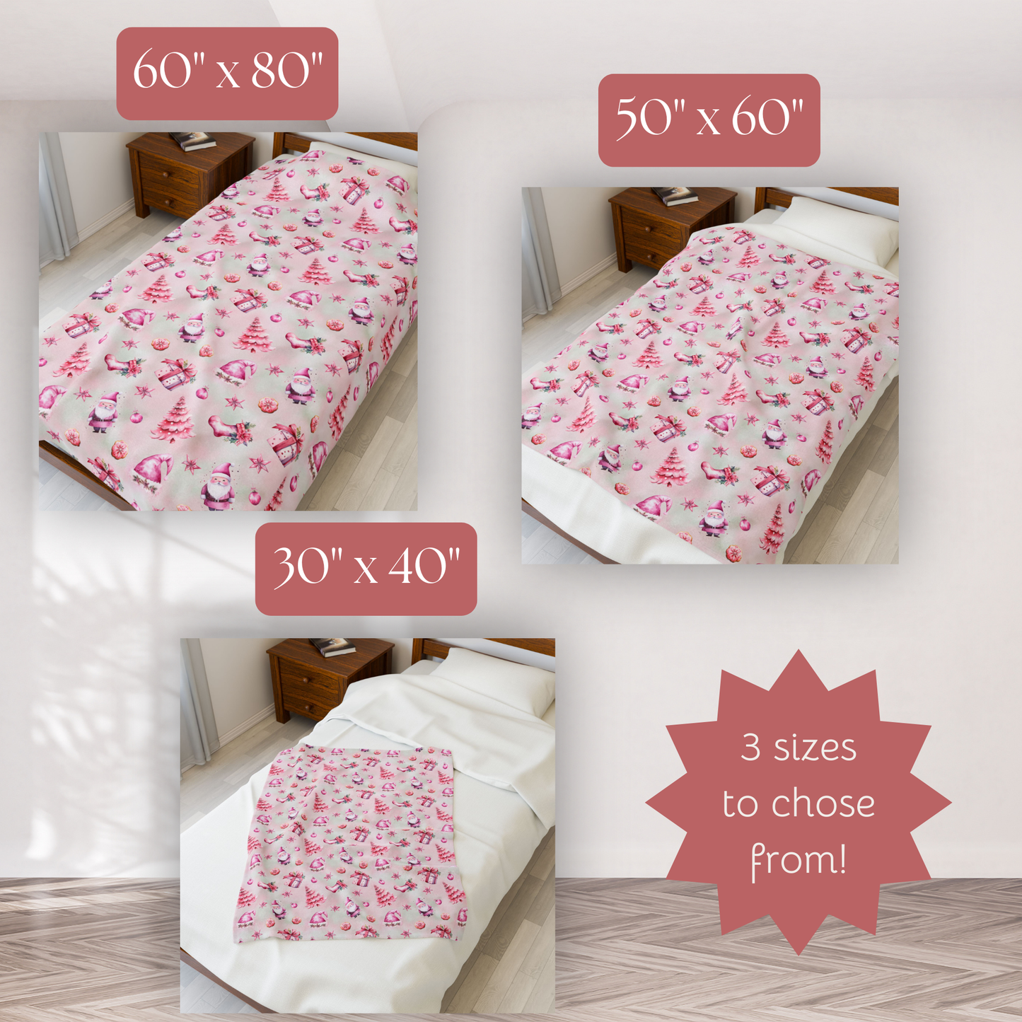 Pink Christmas Velveteen Plush Blanket, Festive Warm and Cozy Throw