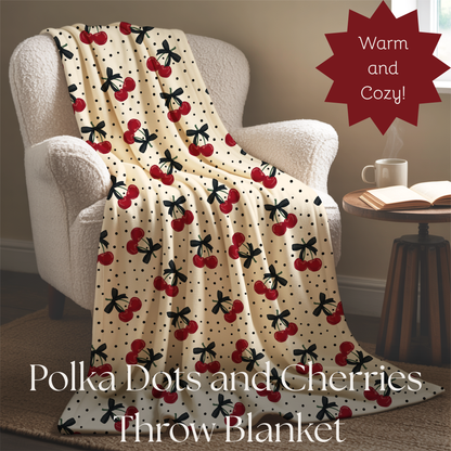 Polka Dots and Cherries with Pretty Bows Velveteen Plush Blanket -  Boujee Fun Cute Home Decor, Throw Blanket