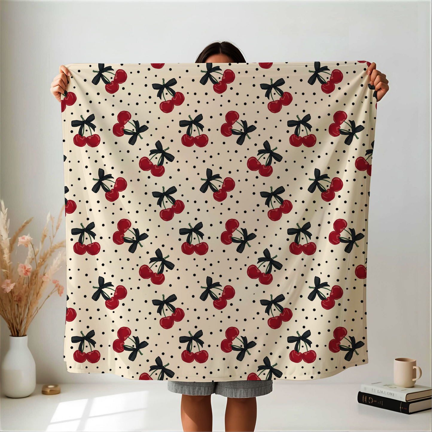 Polka Dots and Cherries with Pretty Bows Velveteen Plush Blanket -  Boujee Fun Cute Home Decor, Throw Blanket