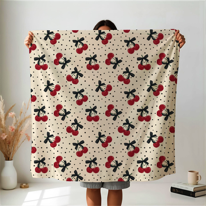 Polka Dots and Cherries with Pretty Bows Velveteen Plush Blanket -  Boujee Fun Cute Home Decor, Throw Blanket