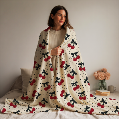 Polka Dots and Cherries with Pretty Bows Velveteen Plush Blanket -  Boujee Fun Cute Home Decor, Throw Blanket