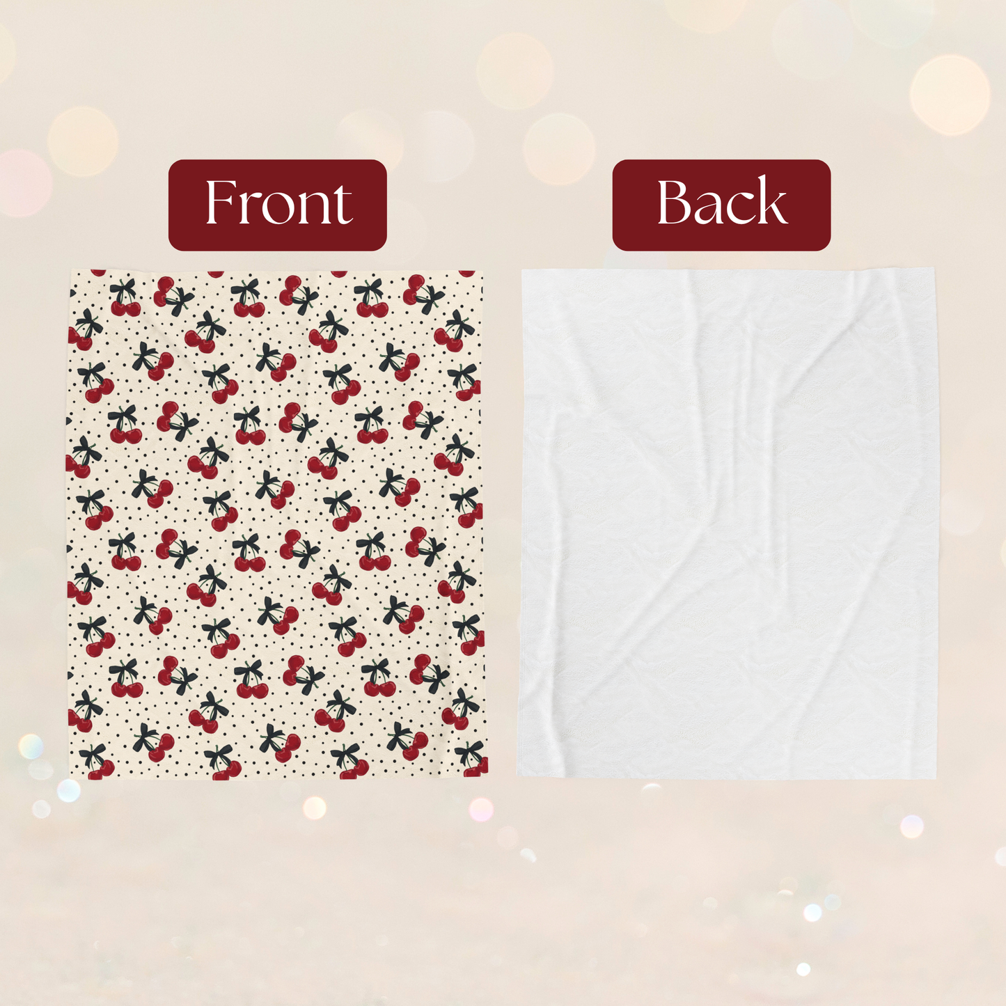 Polka Dots and Cherries with Pretty Bows Velveteen Plush Blanket -  Boujee Fun Cute Home Decor, Throw Blanket