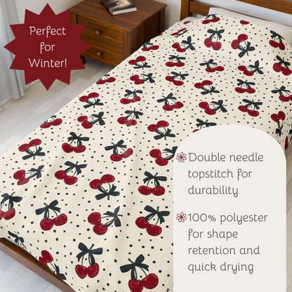 Polka Dots and Cherries with Pretty Bows Velveteen Plush Blanket -  Boujee Fun Cute Home Decor, Throw Blanket