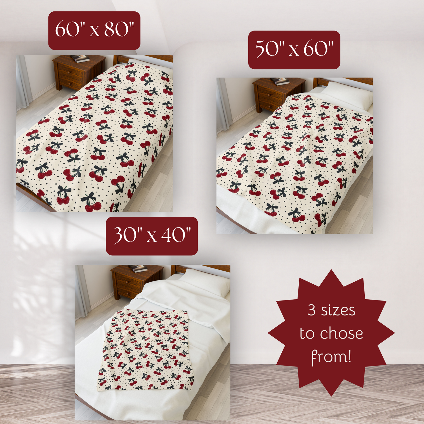 Polka Dots and Cherries with Pretty Bows Velveteen Plush Blanket -  Boujee Fun Cute Home Decor, Throw Blanket