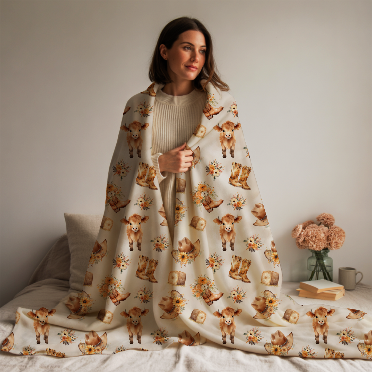 Baby Highland Cow Plush Blanket, cowgirl girly floral
