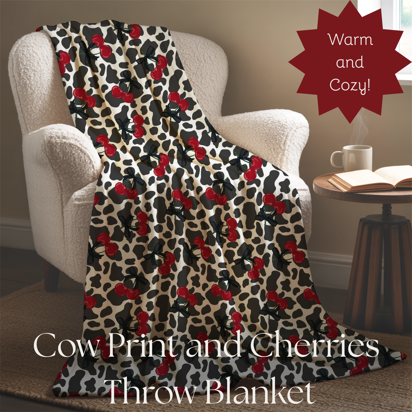 Cow Print and Cherries with Pretty Bows Velveteen Plush Blanket -  Boujee Fun Cute Home Decor, Throw Blanket