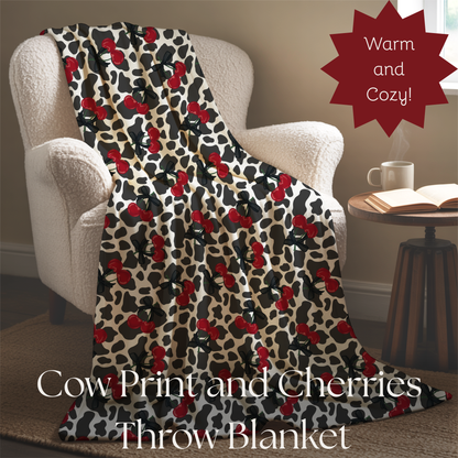 Cow Print and Cherries with Pretty Bows Velveteen Plush Blanket -  Boujee Fun Cute Home Decor, Throw Blanket