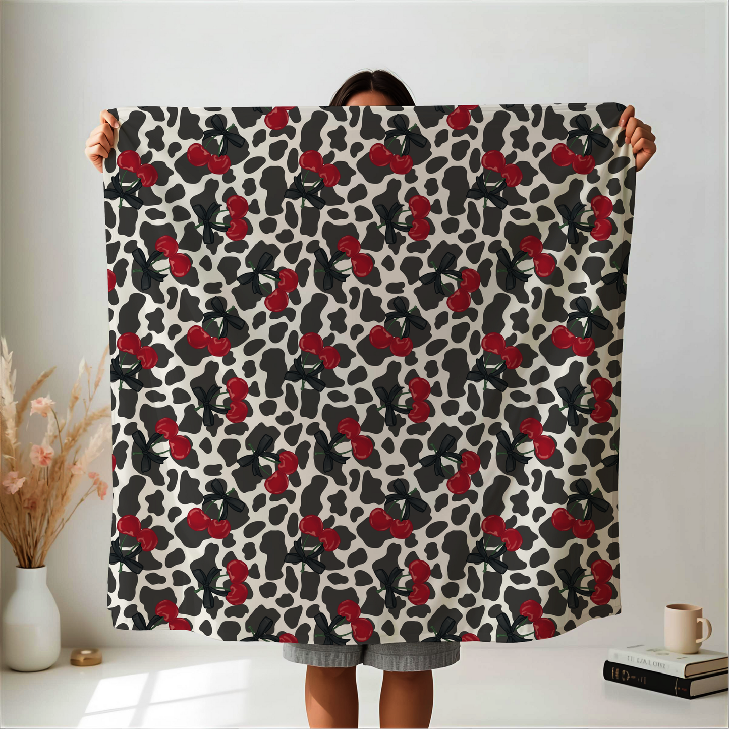 Cow Print and Cherries with Pretty Bows Velveteen Plush Blanket -  Boujee Fun Cute Home Decor, Throw Blanket