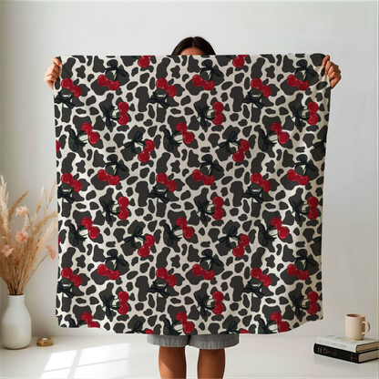 Cow Print and Cherries with Pretty Bows Velveteen Plush Blanket -  Boujee Fun Cute Home Decor, Throw Blanket