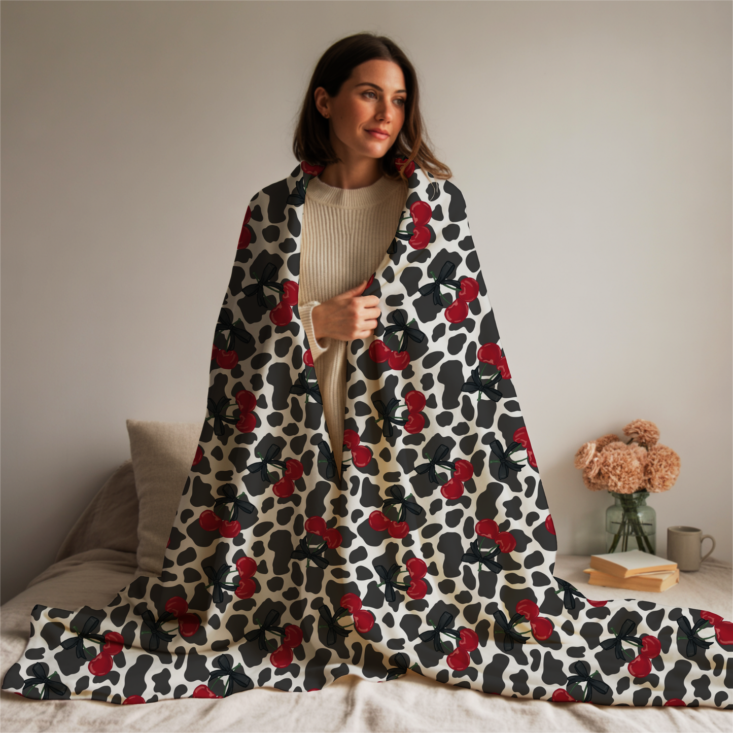 Cow Print and Cherries with Pretty Bows Velveteen Plush Blanket -  Boujee Fun Cute Home Decor, Throw Blanket