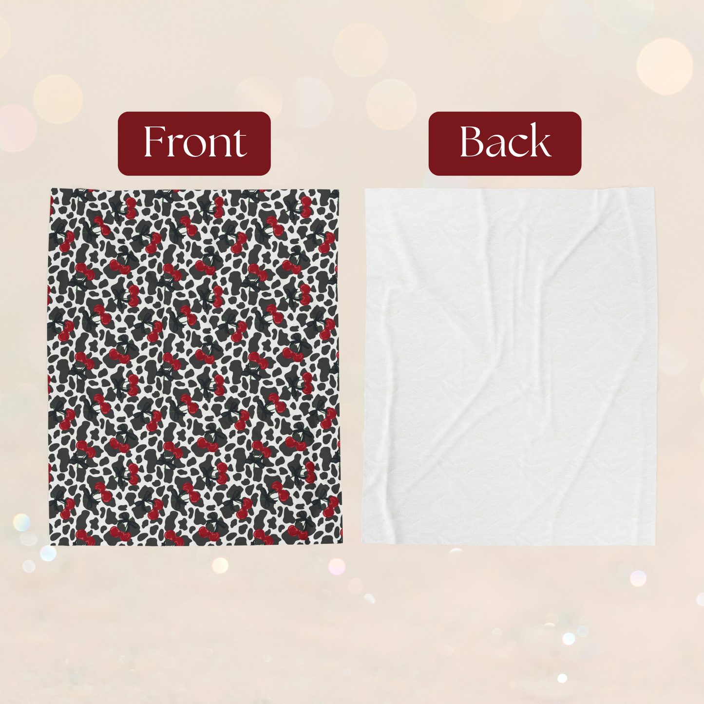 Cow Print and Cherries with Pretty Bows Velveteen Plush Blanket -  Boujee Fun Cute Home Decor, Throw Blanket