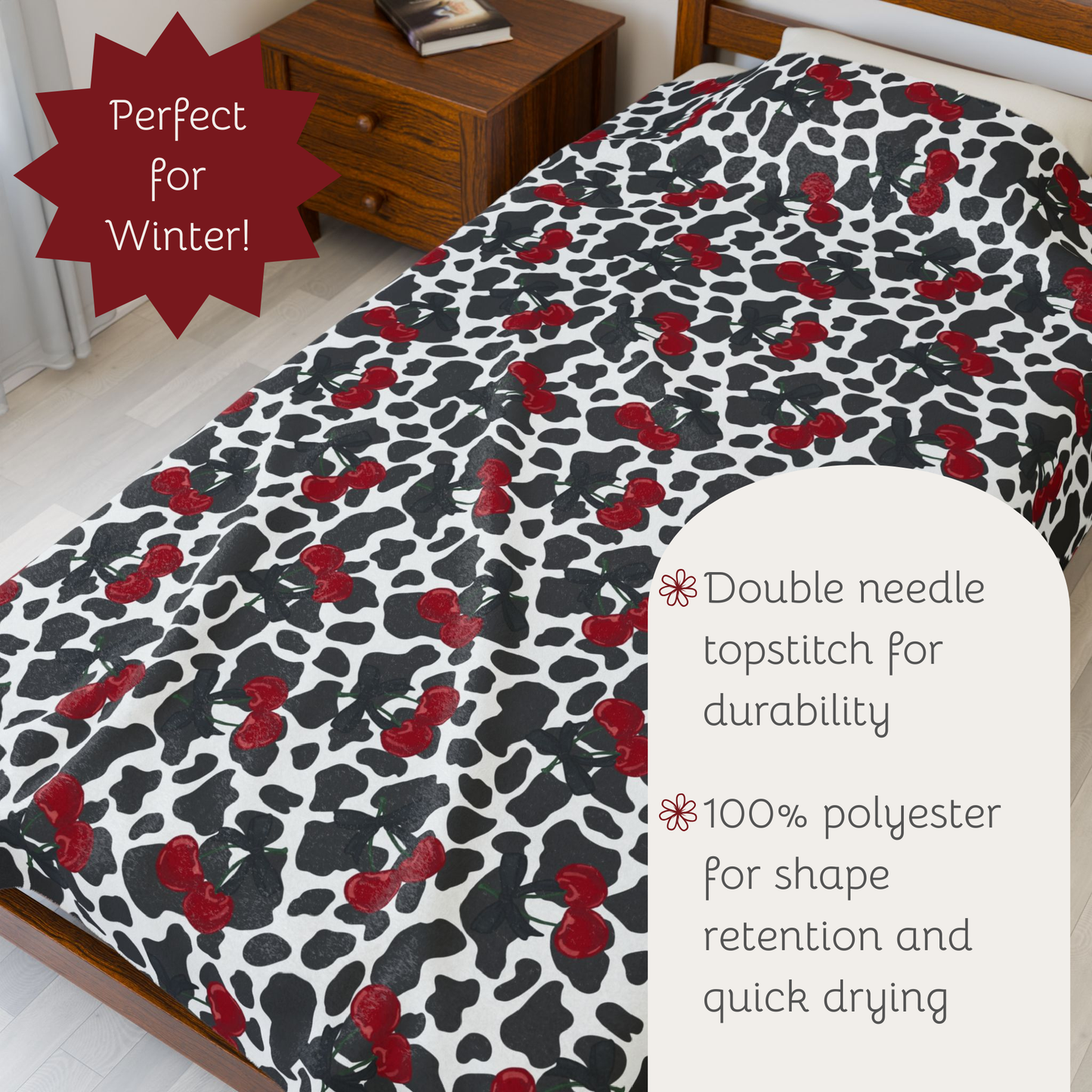 Cow Print and Cherries with Pretty Bows Velveteen Plush Blanket -  Boujee Fun Cute Home Decor, Throw Blanket