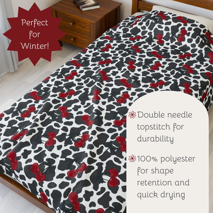 Cow Print and Cherries with Pretty Bows Velveteen Plush Blanket -  Boujee Fun Cute Home Decor, Throw Blanket