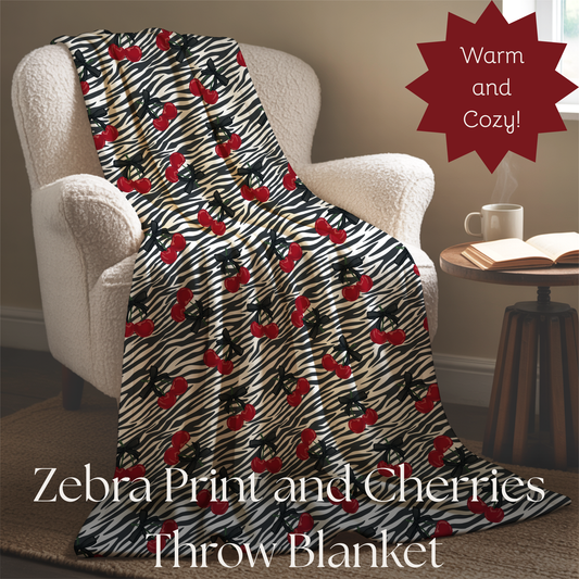 Zebra Print and Cherries with Pretty Bows Velveteen Plush Blanket -  Boujee Fun Cute Home Decor, Throw Blanket