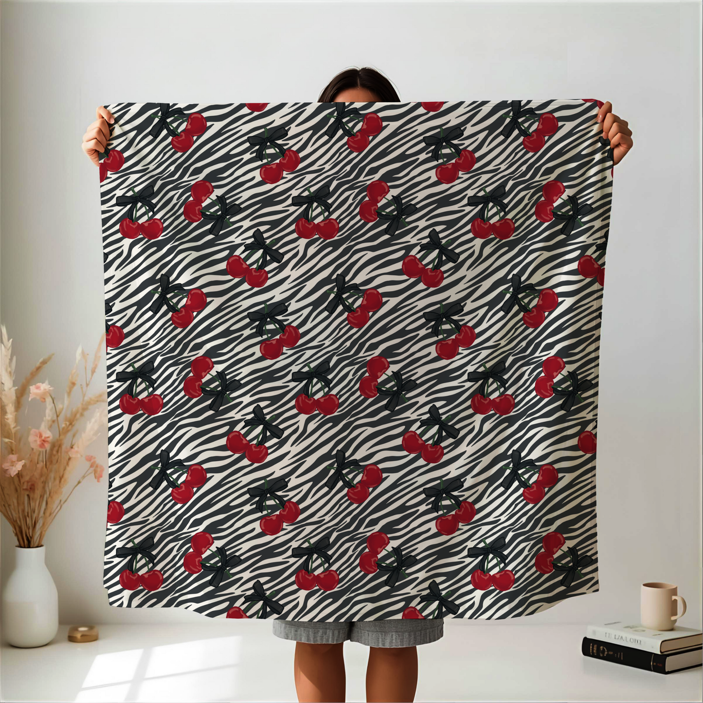 Zebra Print and Cherries with Pretty Bows Velveteen Plush Blanket -  Boujee Fun Cute Home Decor, Throw Blanket