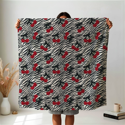 Zebra Print and Cherries with Pretty Bows Velveteen Plush Blanket -  Boujee Fun Cute Home Decor, Throw Blanket