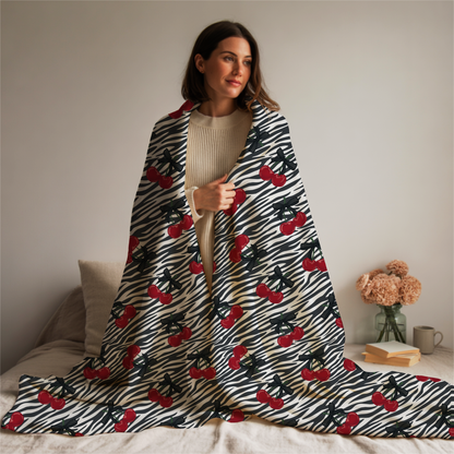 Zebra Print and Cherries with Pretty Bows Velveteen Plush Blanket -  Boujee Fun Cute Home Decor, Throw Blanket
