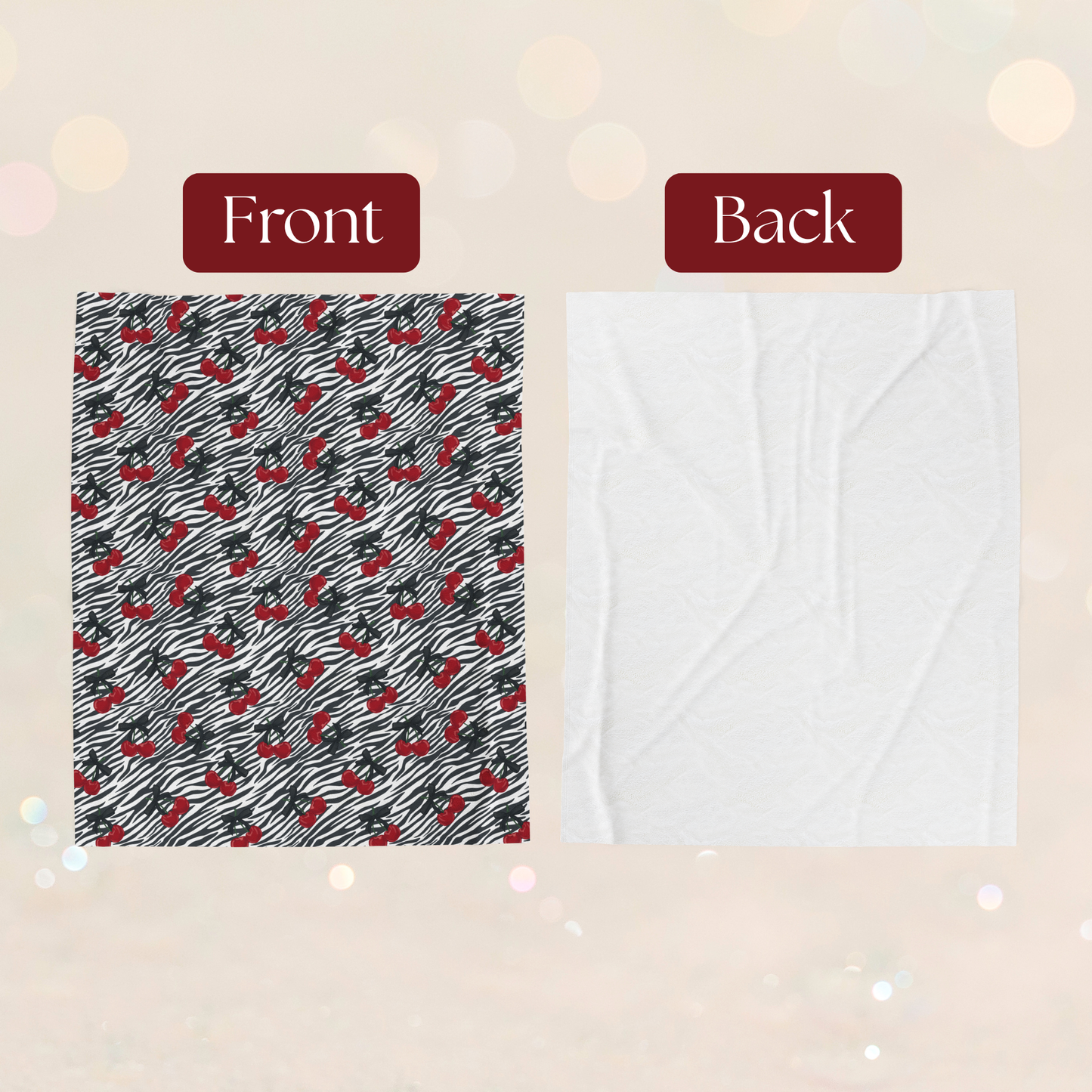 Zebra Print and Cherries with Pretty Bows Velveteen Plush Blanket -  Boujee Fun Cute Home Decor, Throw Blanket