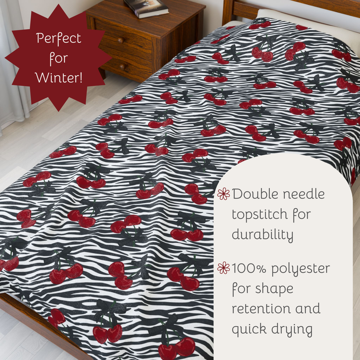 Zebra Print and Cherries with Pretty Bows Velveteen Plush Blanket -  Boujee Fun Cute Home Decor, Throw Blanket