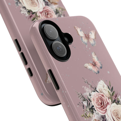 Dusty Rose Floral Phone Case - Tough Cases, Decorative Cell Phone Cover, Butterfly Design