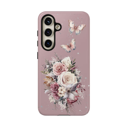 Dusty Rose Floral Phone Case - Tough Cases, Decorative Cell Phone Cover, Butterfly Design