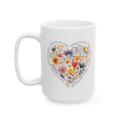 Positive Heart Inspirational Ceramic Mug, Botanical Coffee Cup, Gift for Friends, Quotes Mug for Home or Office, Beautiful Tea Mug
