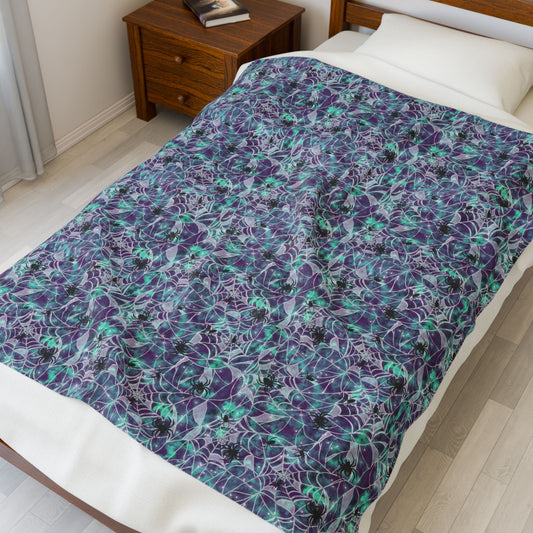 Plush Blanket - Spooky Spider Web Pattern in Purple and Turquoise for Halloween
